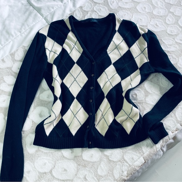 John Galt | Navy & White Elizabeth Argyle Cardigan Blue - Picture 2 of 2